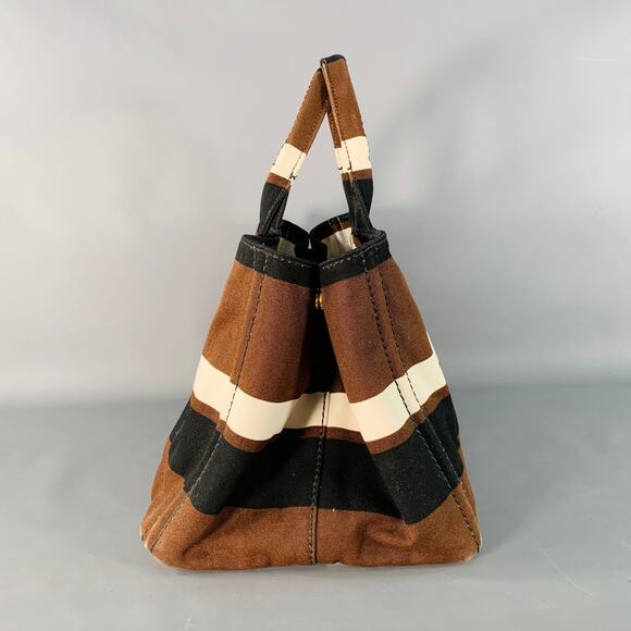 PRADA Canapa Brown Black White Stripe Canvas Open Top Tote Handbag - Picture 6 of 14